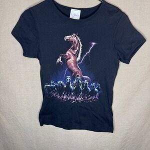 Artisans Womens Black Horse Lightning Graphic Baby Tee Shirt M Slim Fit READ